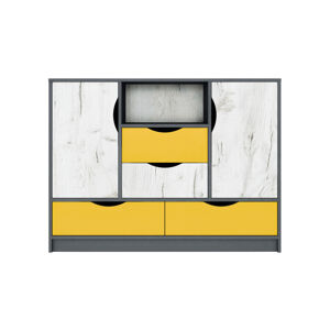 RANDY kombinovaná komoda, biely craft / grafit / žltá