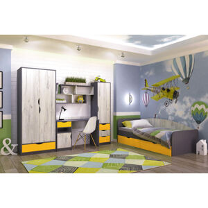 RANDY detská izba, biely craft / grafit / žltá